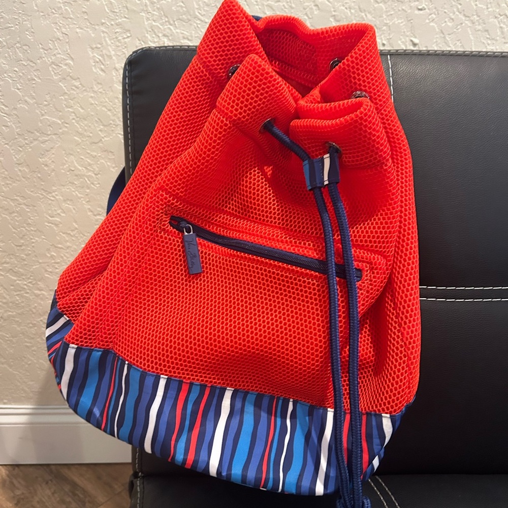 Vera Bradley Mesh Backpack in Orange-Red and Cobalt Stripe